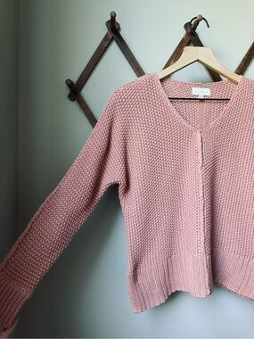 Lucky Brand Pink Relaxed Fit V-Neck Waffle Textured Knit Sweater Size XS